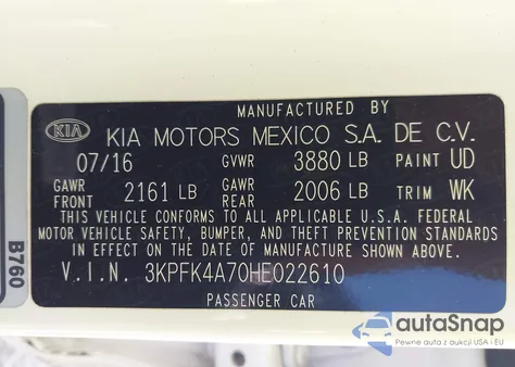 2017 Kia Forte Lx z USA, uszkodzony, nr VIN 3KPFK4A70HE022610